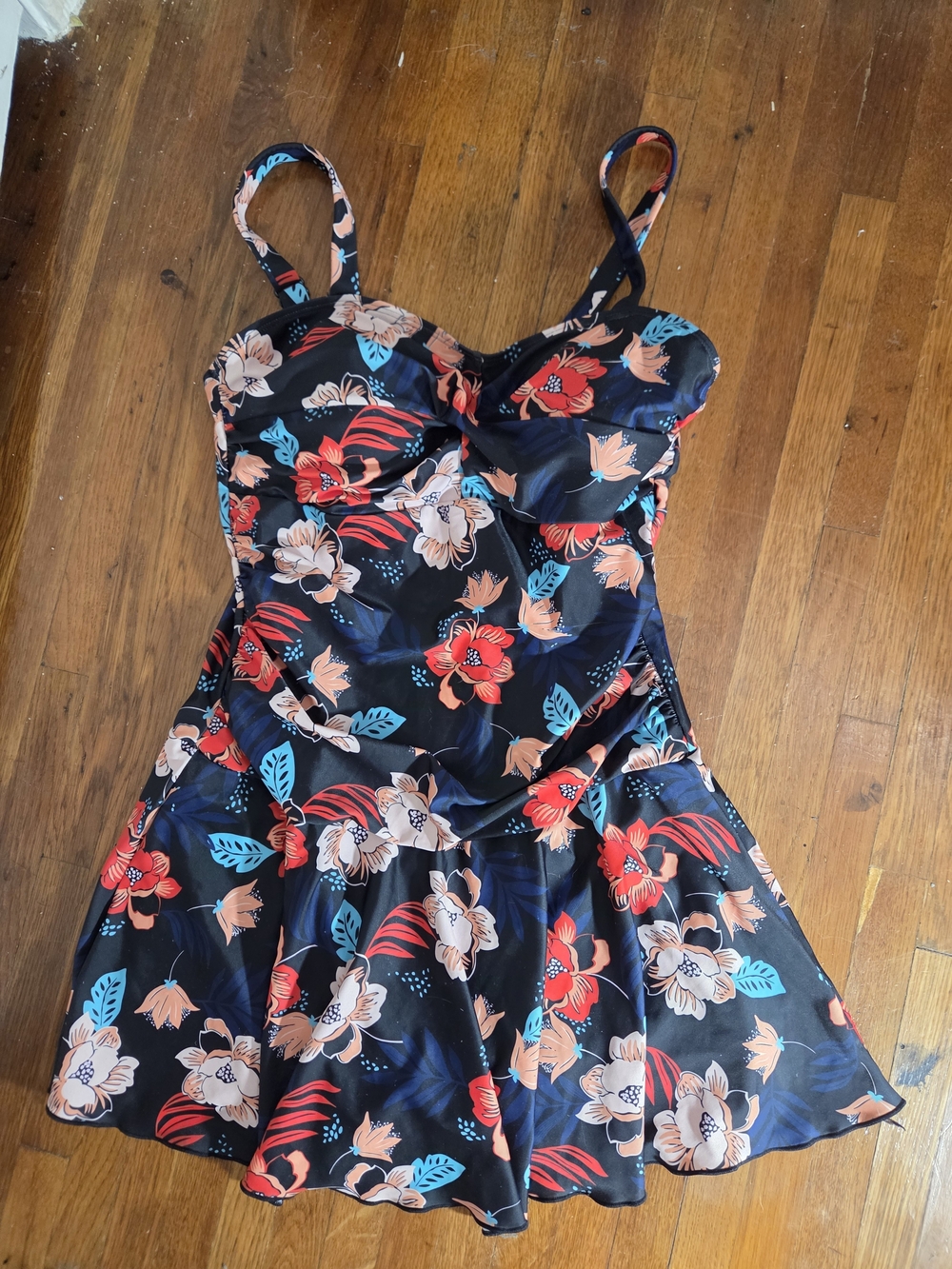 Floral Black One-Piece Swimdress with Red and Cream Blooms